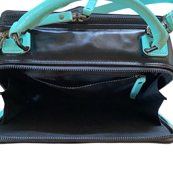 Leather Crossbody Bag Purse Black Blue Top Handle Square‎ Zip - Picture 9 of 14